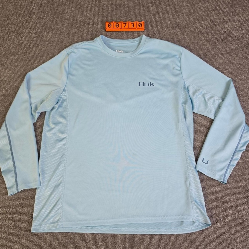 Huk Men's Long Sleeve Polyester Shirt Size Large Blue, minor stains.